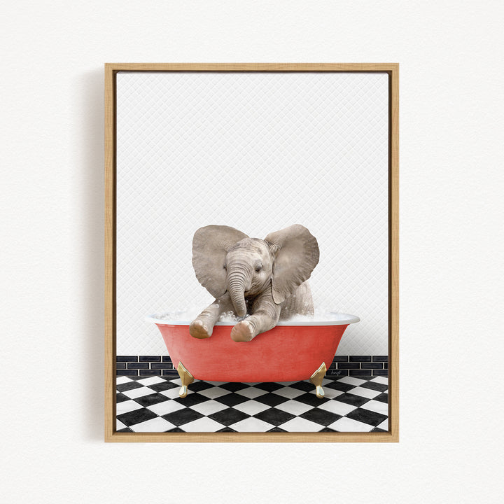 A baby elephant sitting in a red bathtub filled with water, surrounded by a black and white checkered floor.