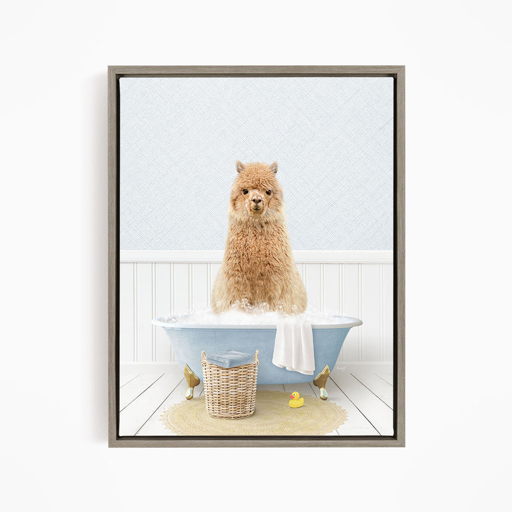 A fluffy brown dog sitting in a blue bathtub filled with bubbles, surrounded by a yellow rubber duck and a basket.