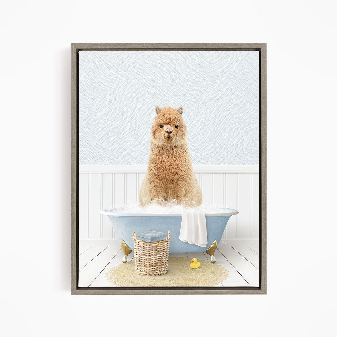 A fluffy brown dog sitting in a blue bathtub filled with bubbles, surrounded by a yellow rubber duck and a basket.