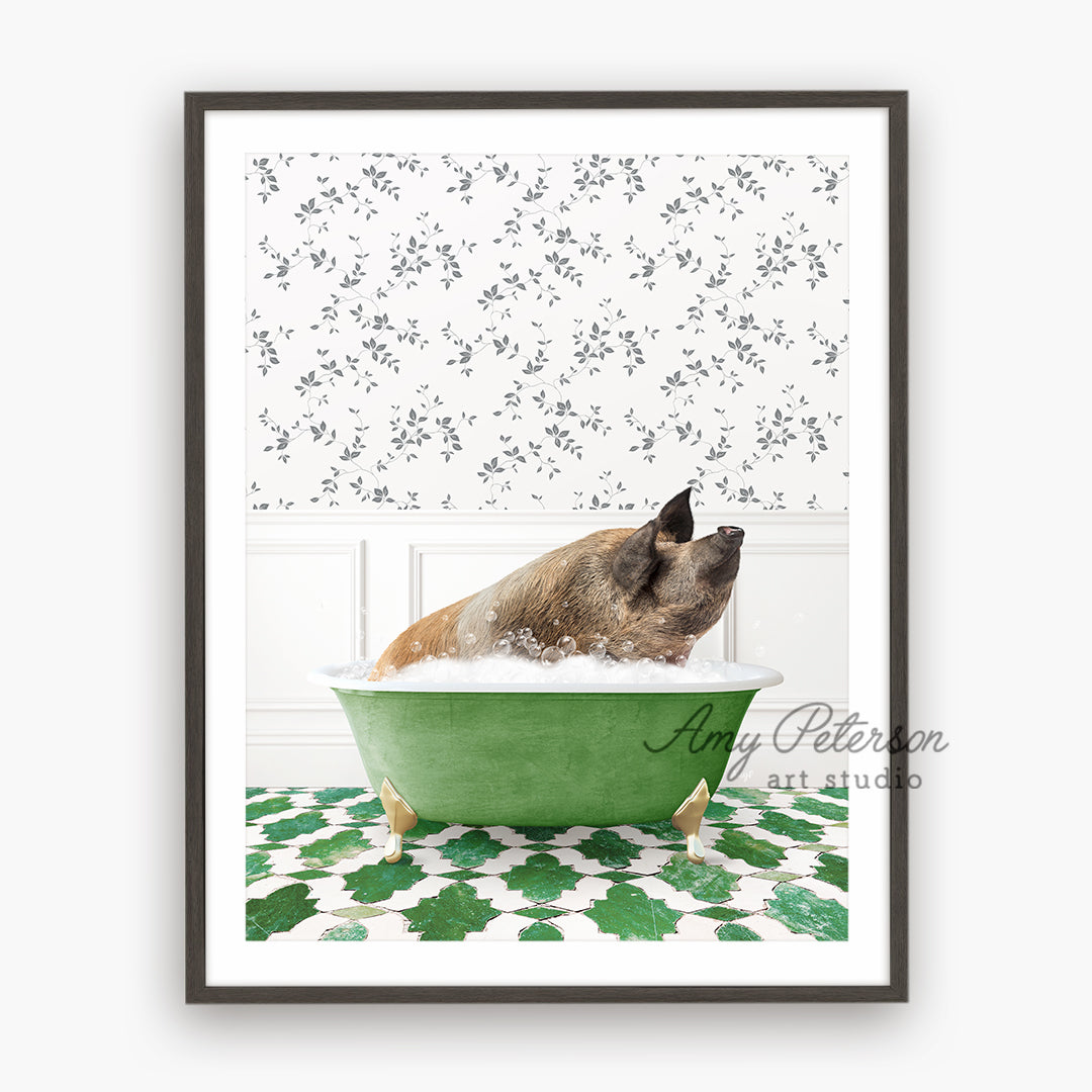 a dog taking a bath in a green bathtub