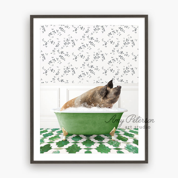 a dog taking a bath in a green bathtub