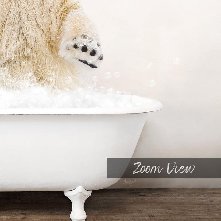 A polar bear's paw is submerged in a white bathtub filled with bubbles, creating a playful and whimsical scene.