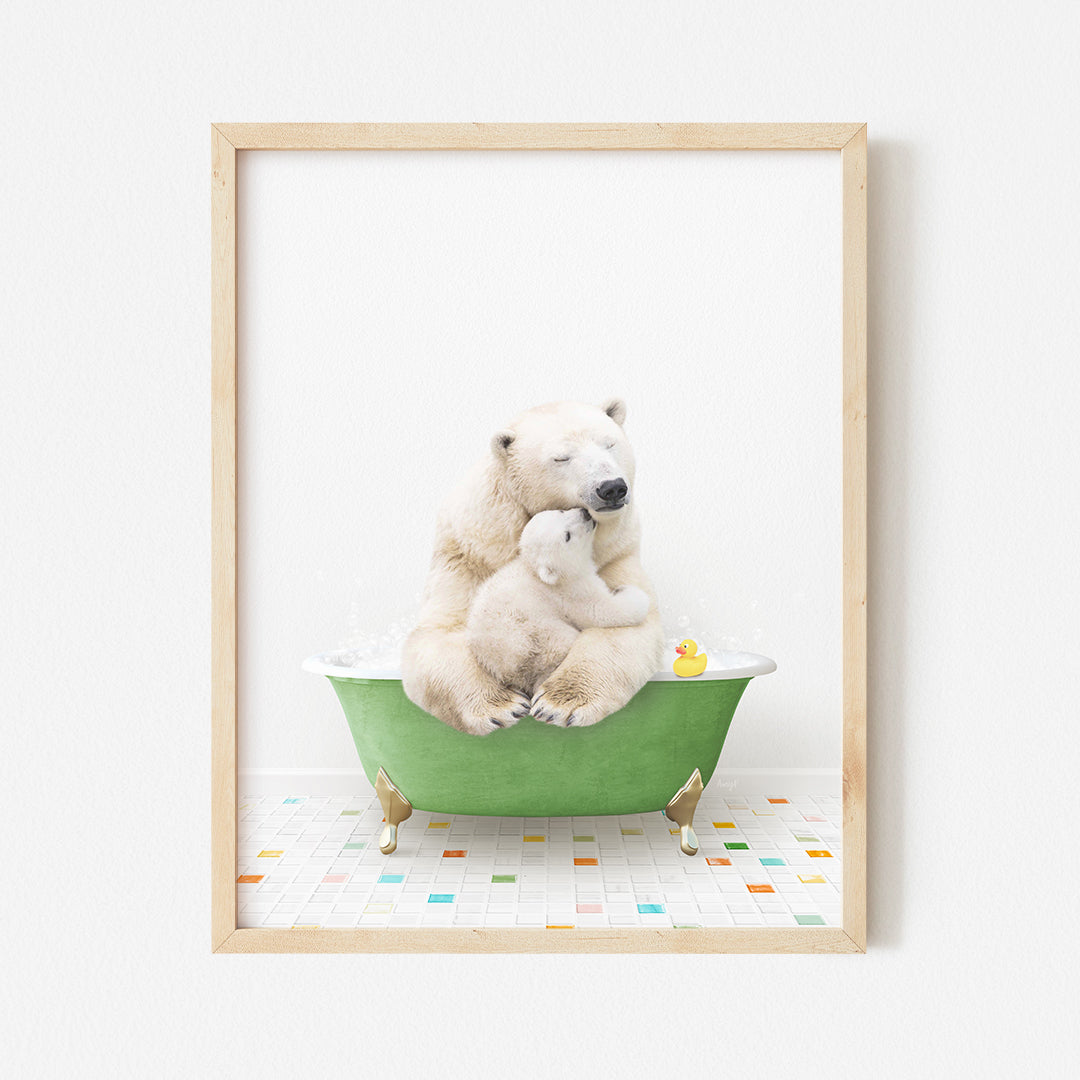 a picture of a polar bear and her cub in a bathtub