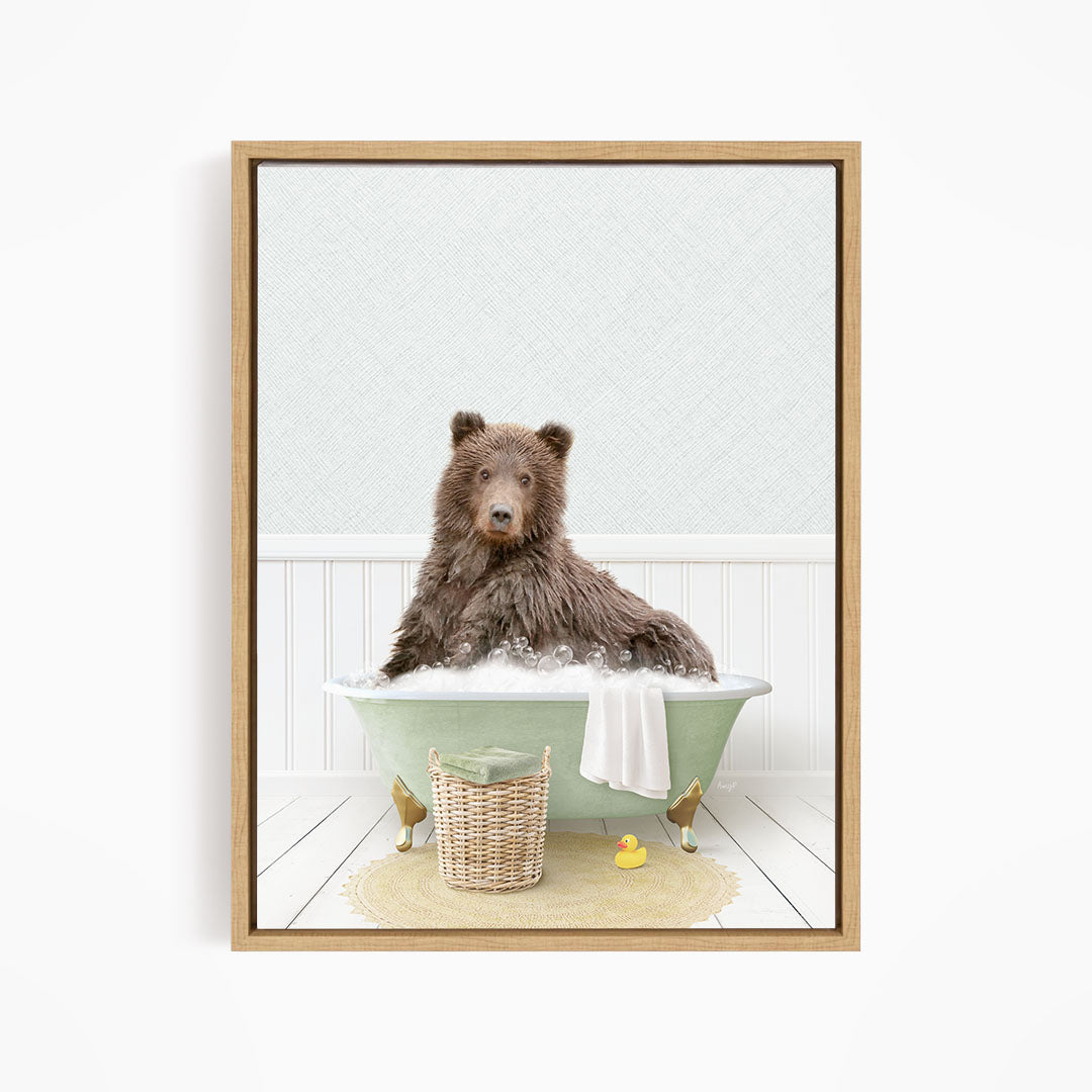 A brown bear sitting in a green bathtub filled with water, surrounded by rubber ducks and a basket.
