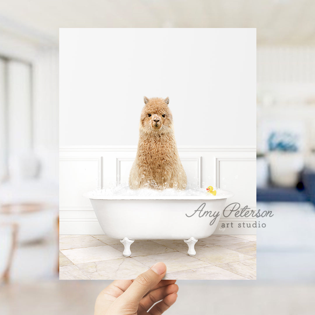 a person holding up a card with a dog in a bathtub