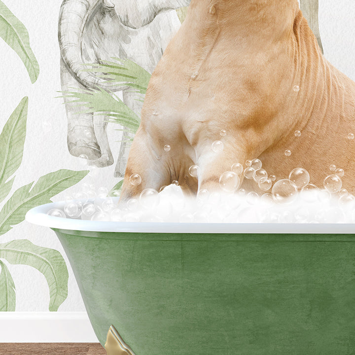 a dog sitting in a bathtub filled with bubbles