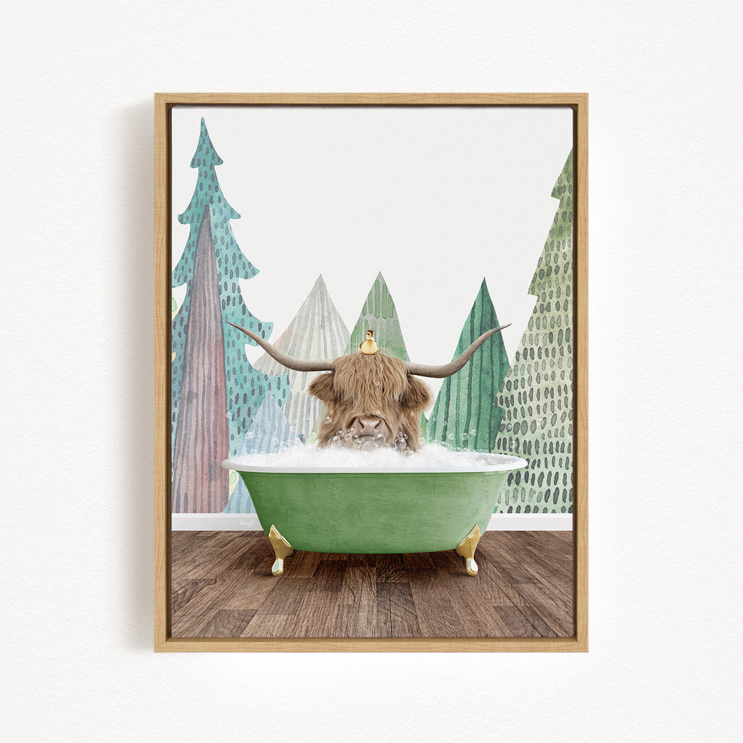 A Highland cow with large horns is sitting in a green bathtub, surrounded by a forest scene with trees and a misty atmosphere.