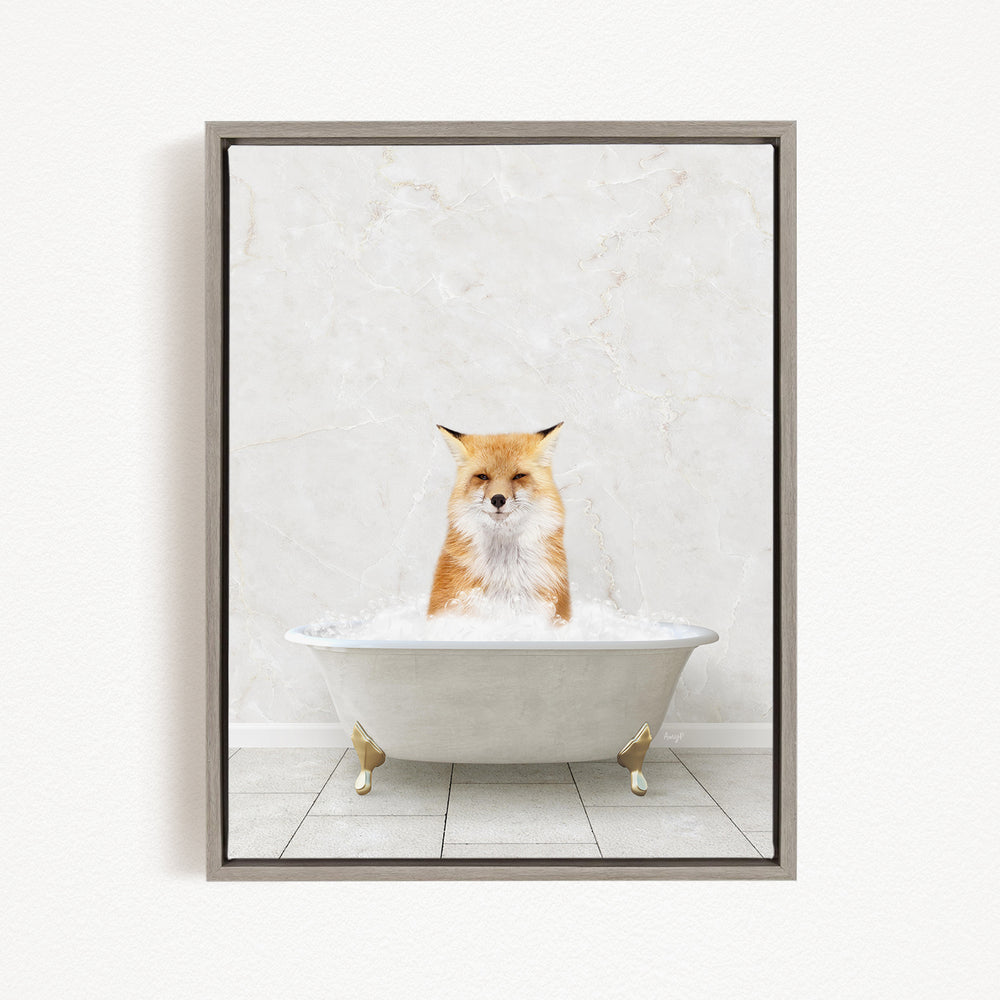 A red fox sitting in a white bathtub filled with water, looking directly at the camera.