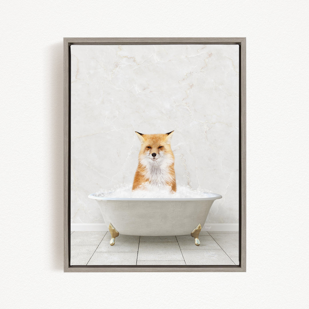 A red fox sitting in a white bathtub filled with water, looking directly at the camera.