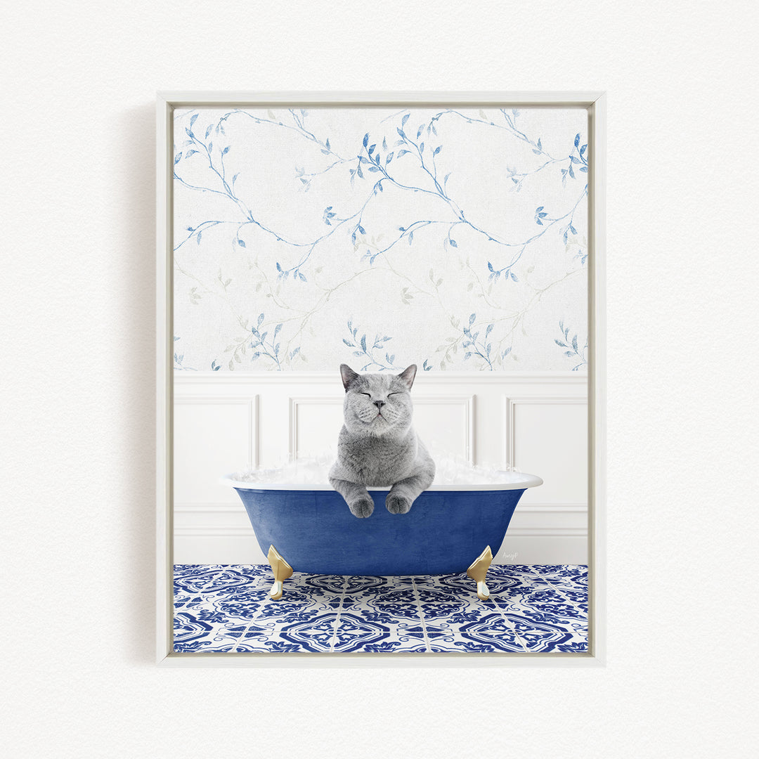 A gray cat sitting in a blue bathtub, surrounded by a blue and white patterned rug and a floral wallpaper background.