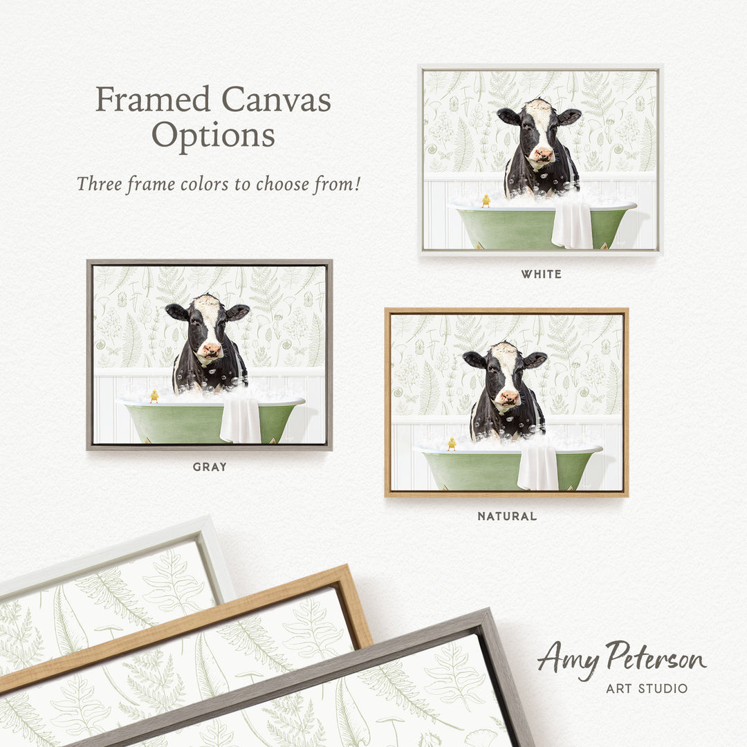 three framed canvas options featuring a cow in a bathtub, with each option having a different frame color and natural finish.