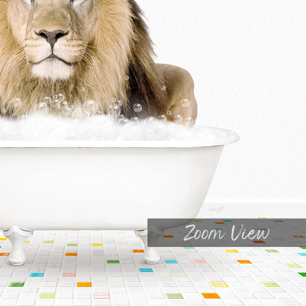 A lion is sitting in a white bathtub filled with bubbles, creating a whimsical and playful scene.