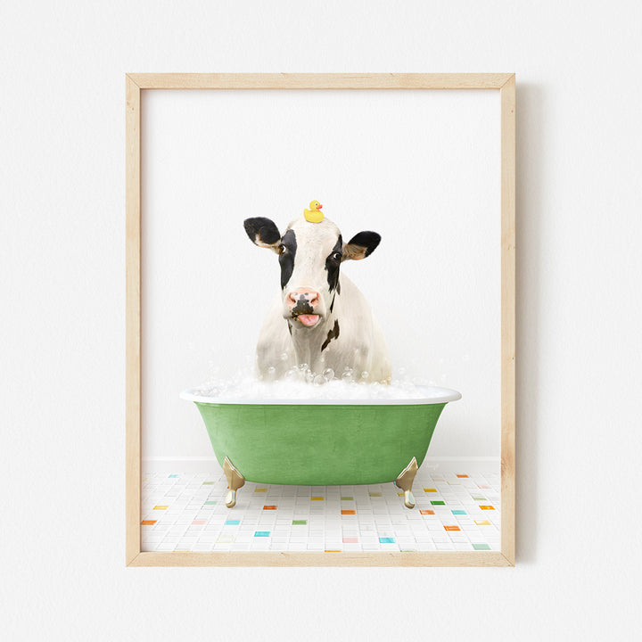 a cow is taking a bath in a green bathtub