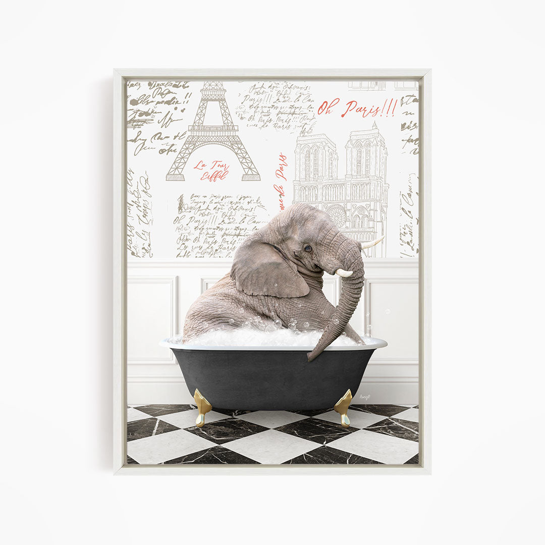 An elephant sitting in a bathtub filled with water, surrounded by various Paris-themed elements such as the Eiffel Tower and other landmarks.
