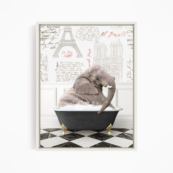 An elephant sitting in a bathtub filled with water, surrounded by various Paris-themed elements such as the Eiffel Tower and other landmarks.
