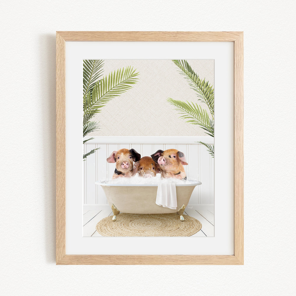 Three adorable pigs sitting in a bathtub, surrounded by lush green palm leaves, creating a whimsical and playful scene.