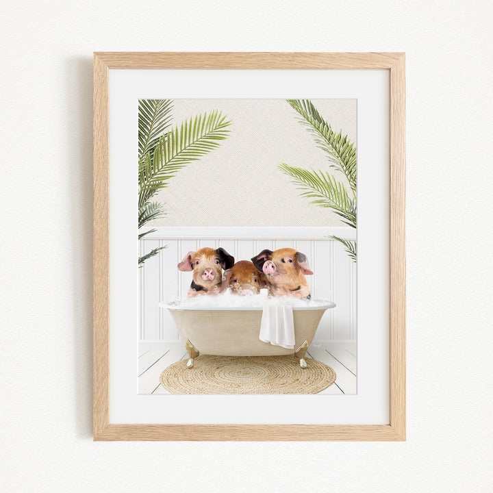 Three adorable pigs sitting in a bathtub, surrounded by lush green palm leaves, creating a whimsical and playful scene.