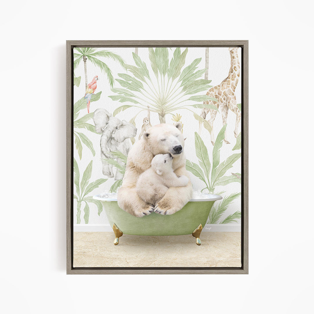 A polar bear is sitting in a bathtub, surrounded by various animals such as a giraffe, elephant, and parrot, all set against a tropical jungle backdrop.