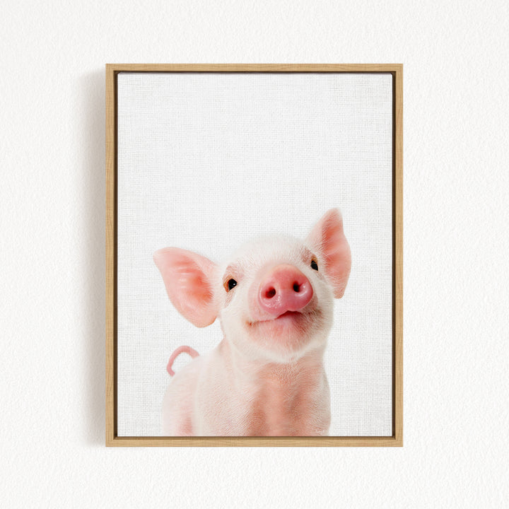 A cute, pink pig with large ears and a pink nose is the main subject of the image, which is a framed picture hanging on a white wall.