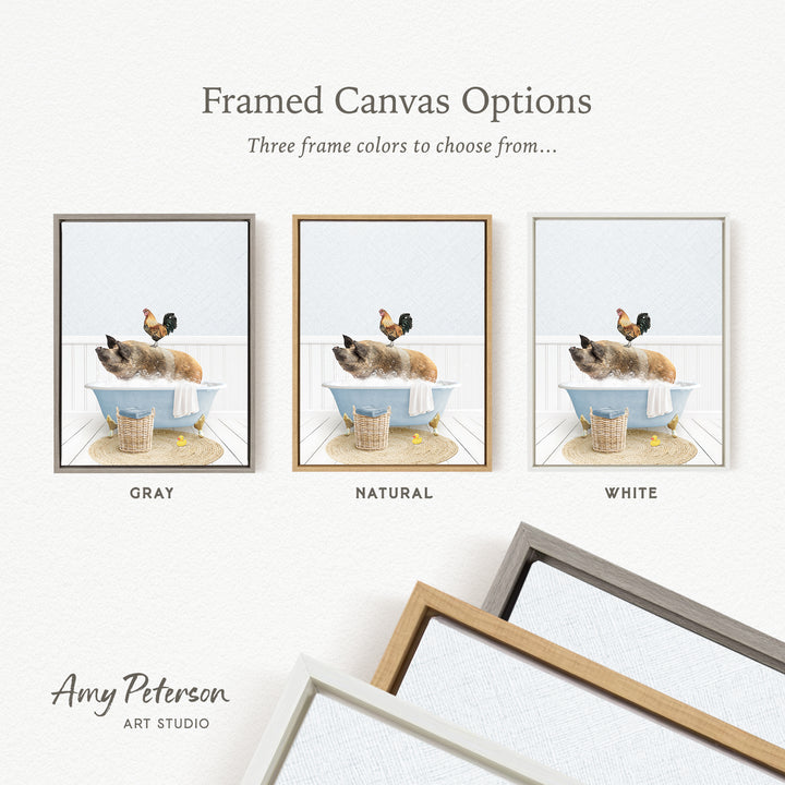 The image is a framed canvas option showcasing three different framed canvas options for a painting depicting a cat sitting in a bathtub with a rooster nearby.