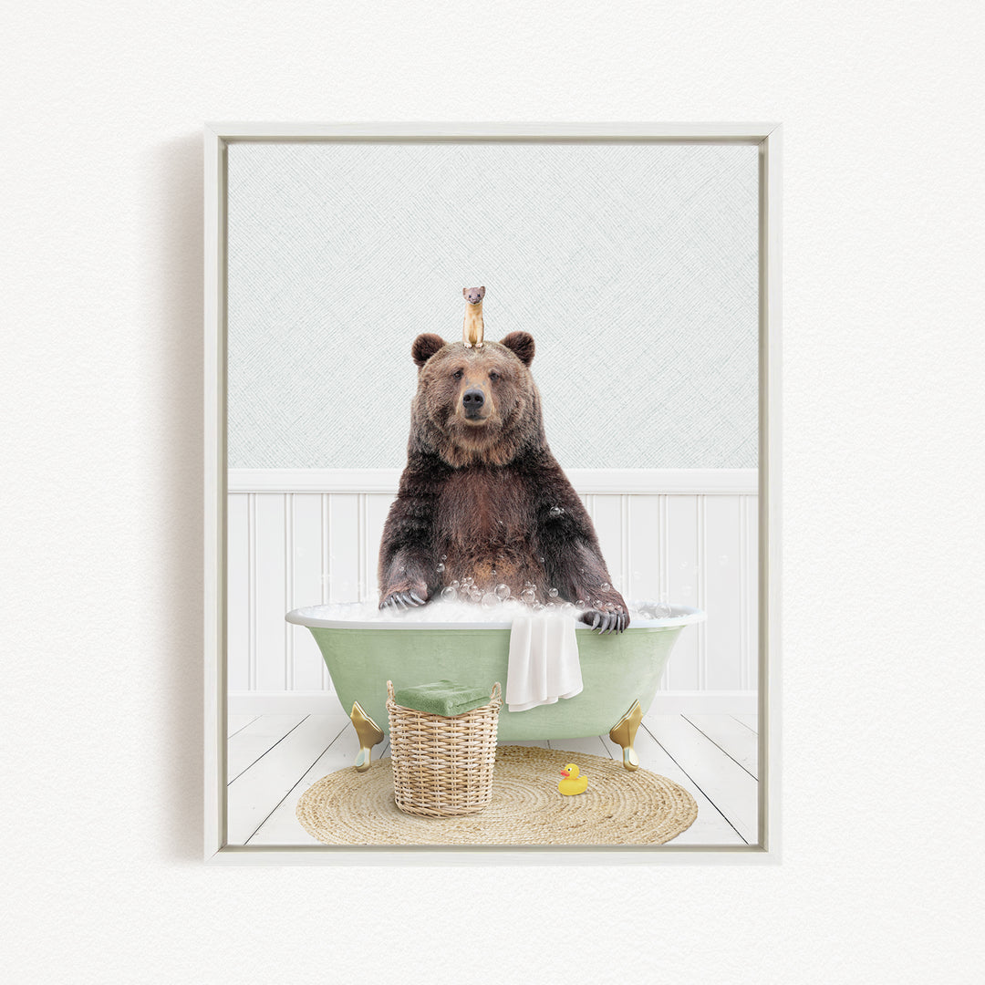 A brown bear sitting in a green bathtub, with a bird perched on its head, and a yellow rubber duck nearby.