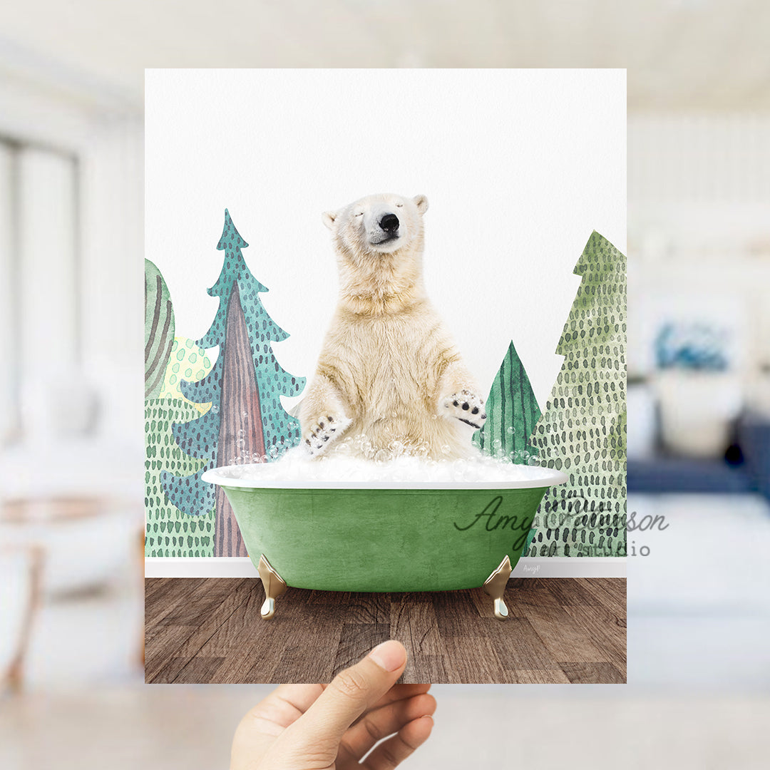 a polar bear sitting in a green bath tub