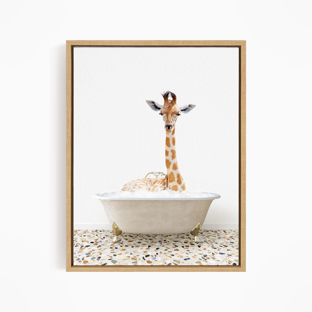 A giraffe is sitting in a white bathtub filled with water, creating a whimsical and playful scene.