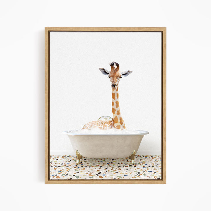 A giraffe is sitting in a white bathtub filled with water, creating a whimsical and playful scene.