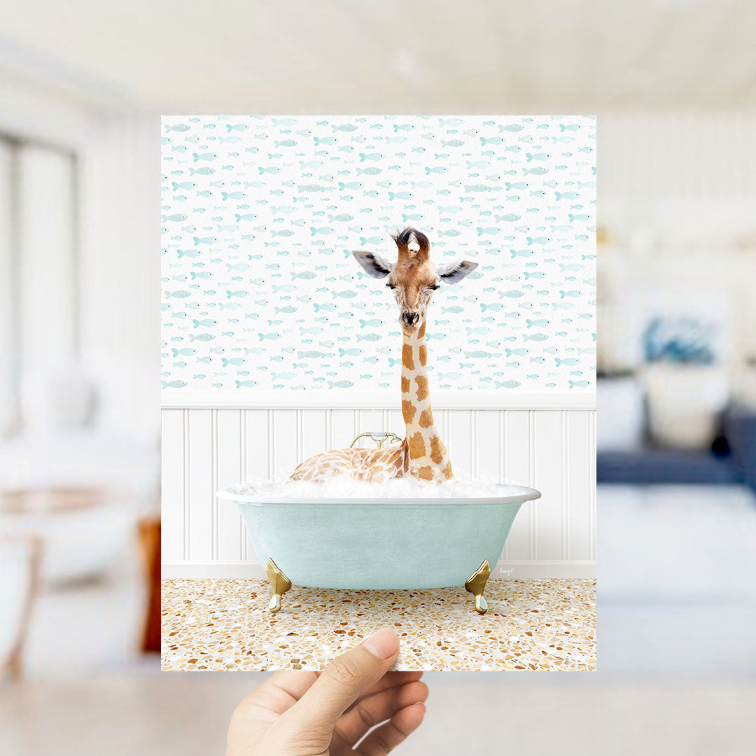 A giraffe sitting in a bathtub filled with bubbles, surrounded by a pattern of fish.