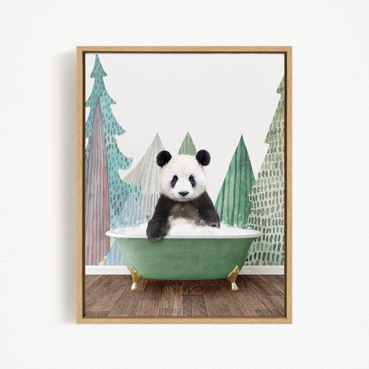 A panda bear sitting in a green bathtub, surrounded by a forest-themed background.