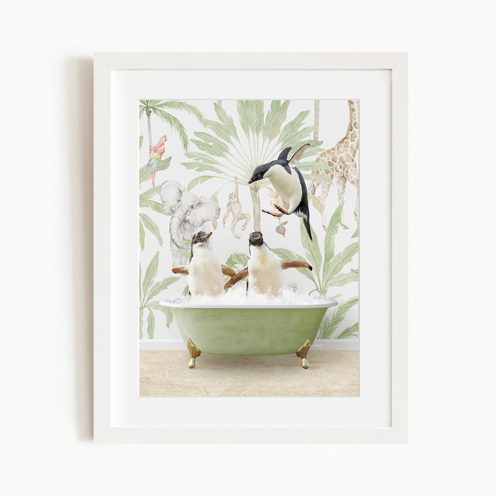 A framed image depicting three penguins sitting in a green bathtub, surrounded by a tropical jungle wallpaper.