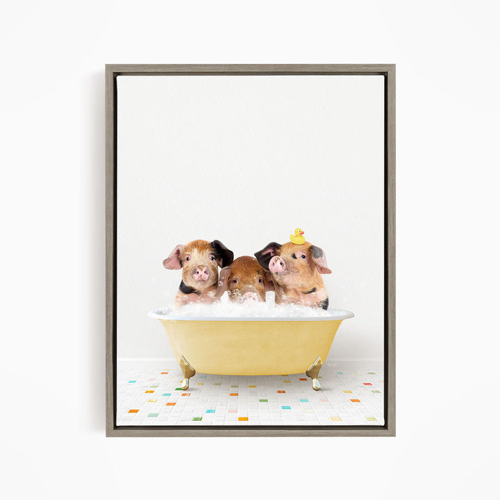 Three adorable pigs sitting in a yellow bathtub, enjoying a relaxing bath together.