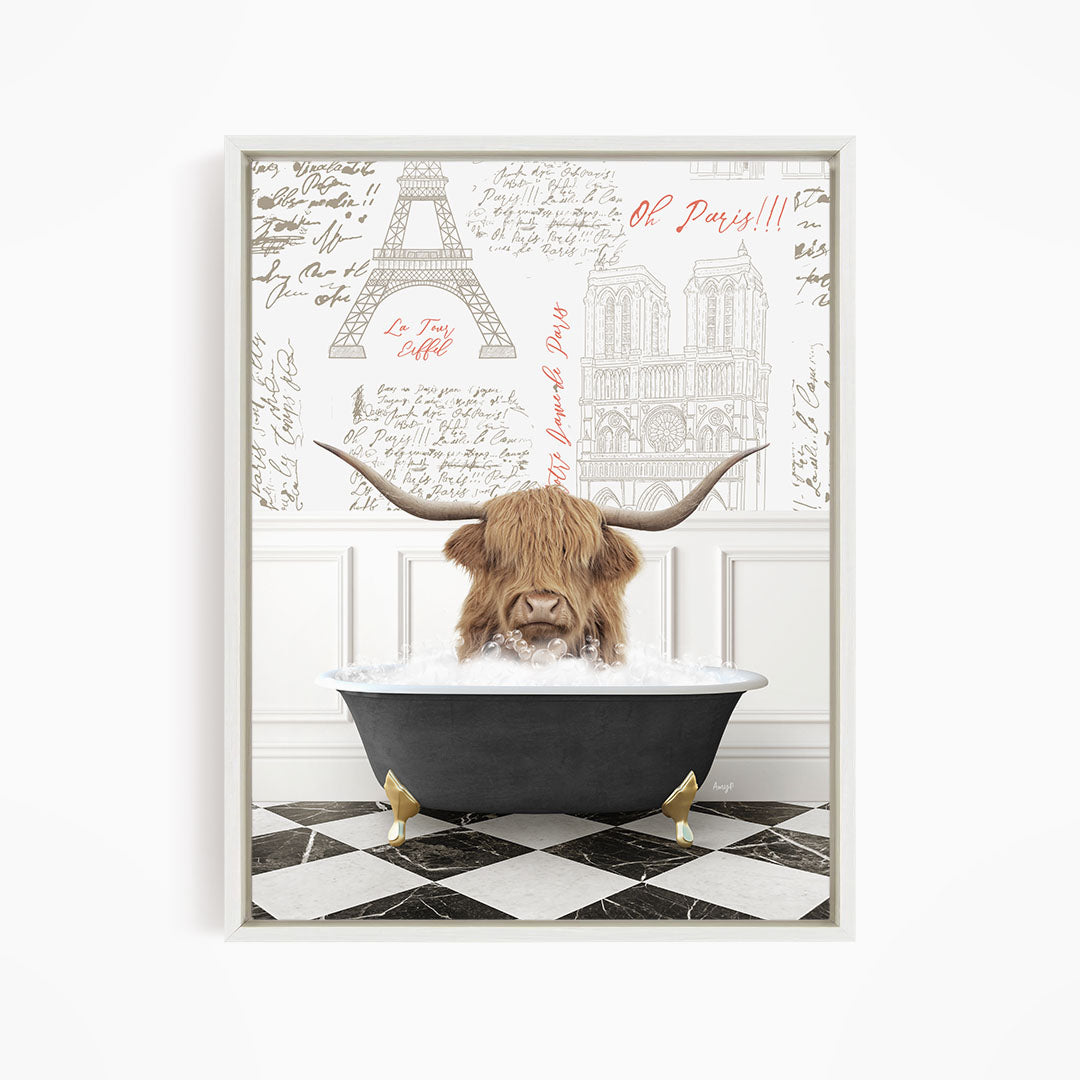 A brown cow with horns is sitting in a bathtub filled with water, surrounded by a wall with various inscriptions and illustrations, including the Eiffel Tower.