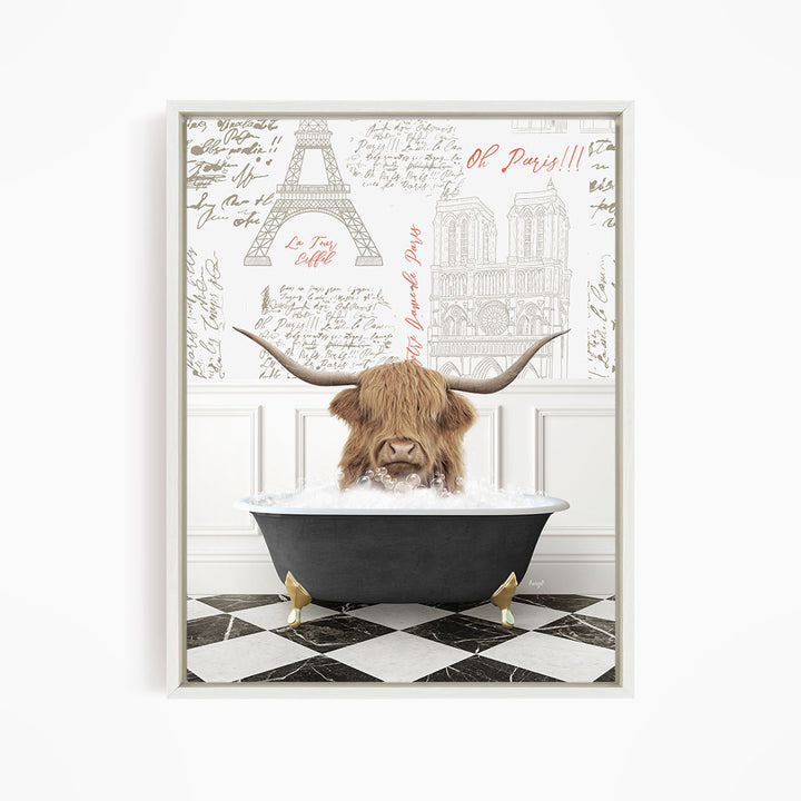 A brown cow with horns is sitting in a bathtub filled with water, surrounded by a wall with various inscriptions and illustrations, including the Eiffel Tower.