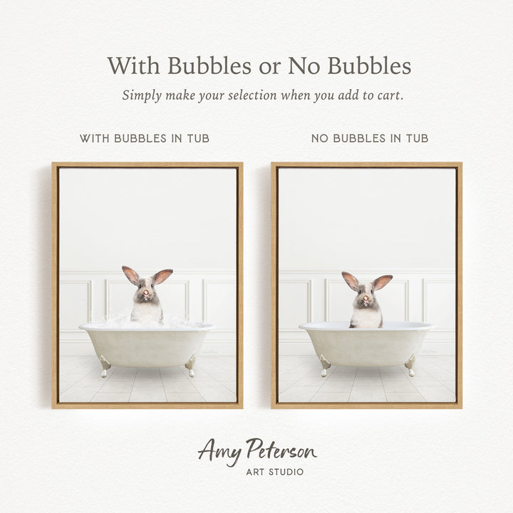 The image is a collage of two framed pictures, each depicting a rabbit sitting in a bathtub. The text above the images reads "With Bubbles or No Bubbles" and below the images, it says "Simply make your selection when you add to cart."