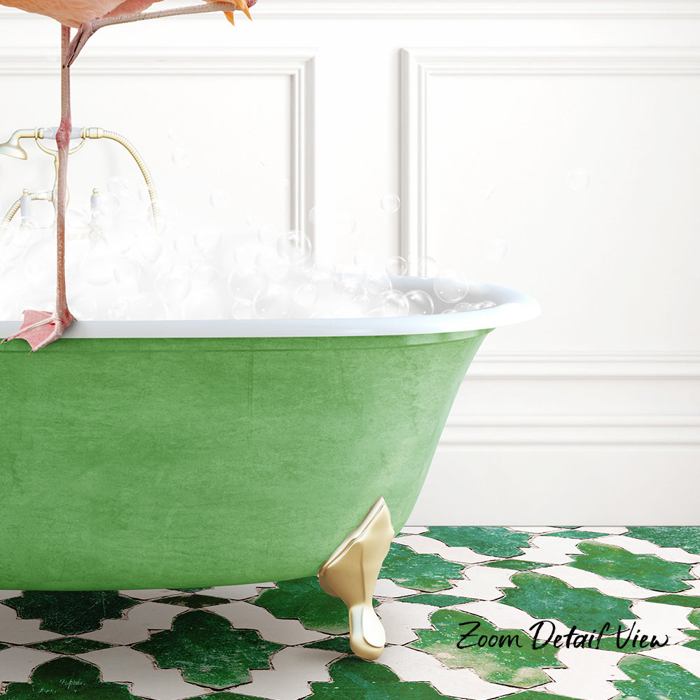 A green clawfoot bathtub filled with water and bubbles, with a gold clawfoot shoe resting on the floor.