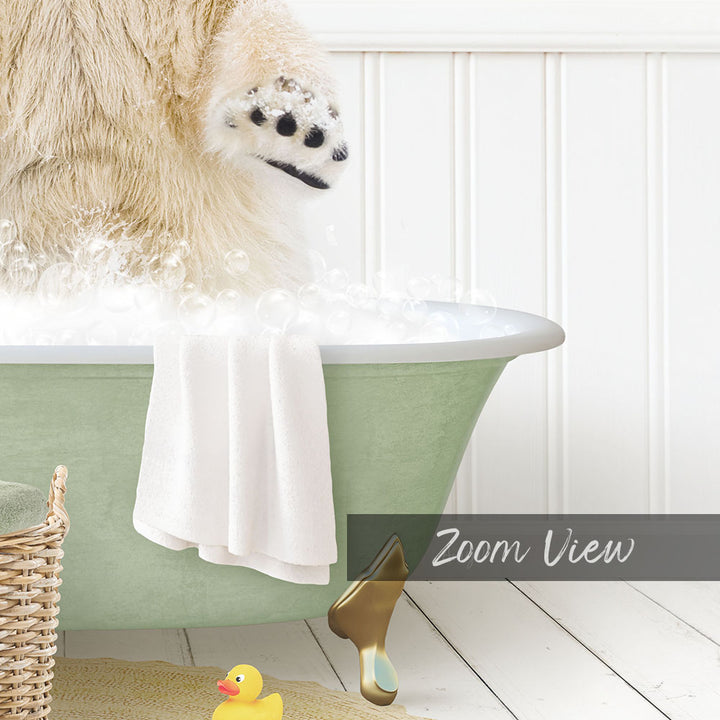 A fluffy white dog is standing in a green bathtub filled with bubbles, with a yellow rubber duck nearby.