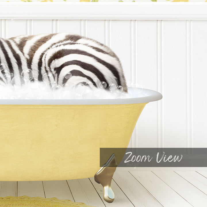 A zebra lying in a yellow bathtub filled with bubbles, with a "Zoom View" label below the image.