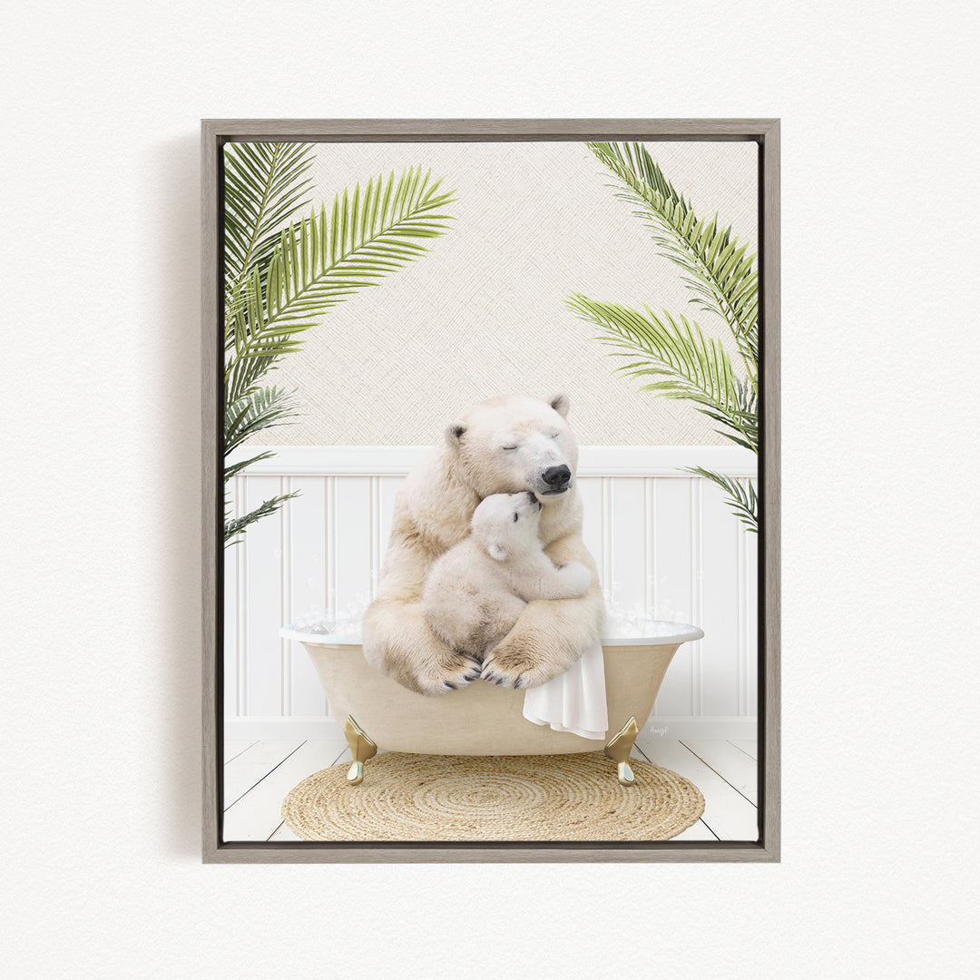 A framed image depicting two polar bears sitting in a bathtub, surrounded by palm leaves.