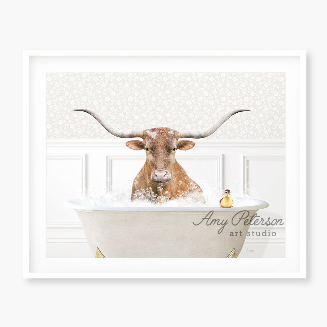 a picture of a bull in a bathtub with a person in the background