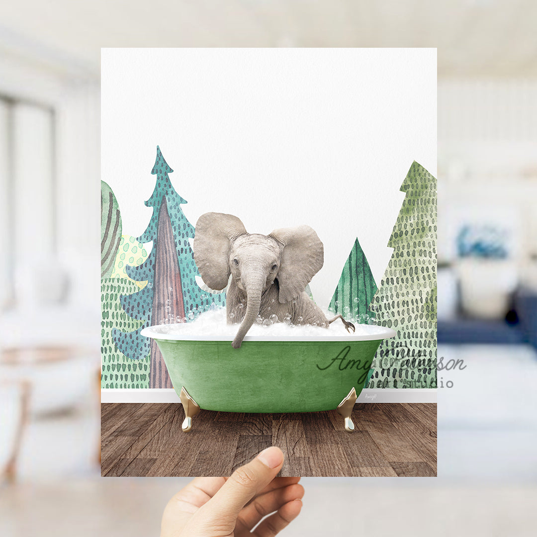 a person holding up a card with an elephant in a bathtub