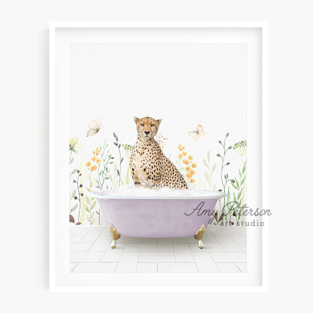 a picture of a cheetah sitting in a bathtub