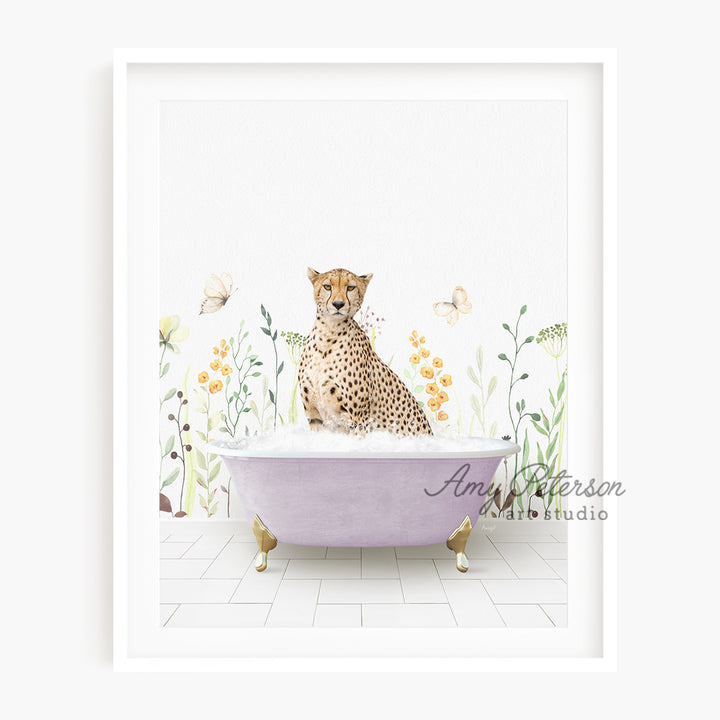 a picture of a cheetah sitting in a bathtub