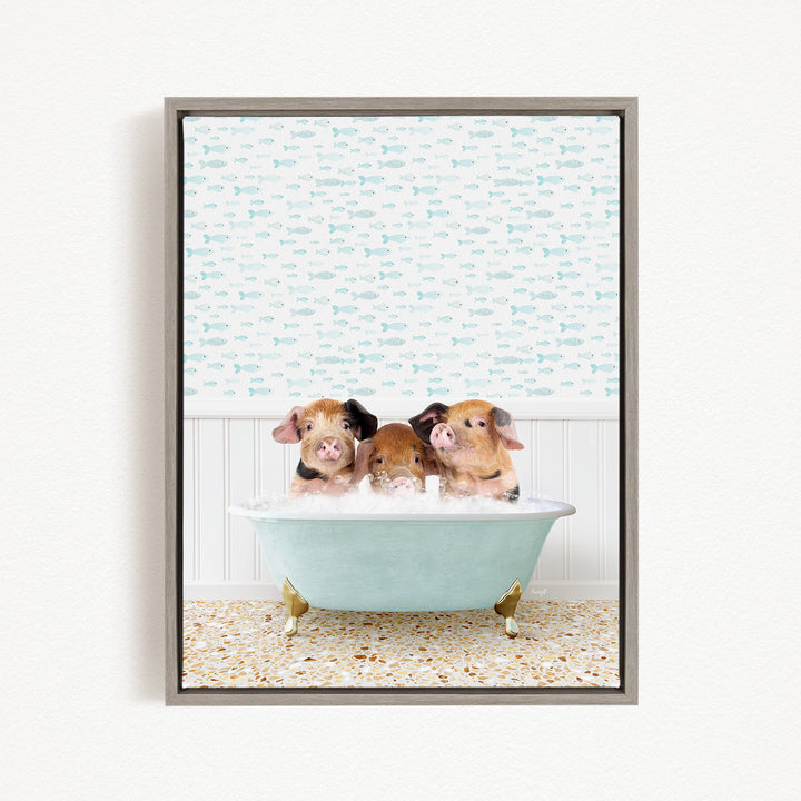 Three adorable pigs sitting in a bathtub filled with bubbles, surrounded by a patterned wallpaper.