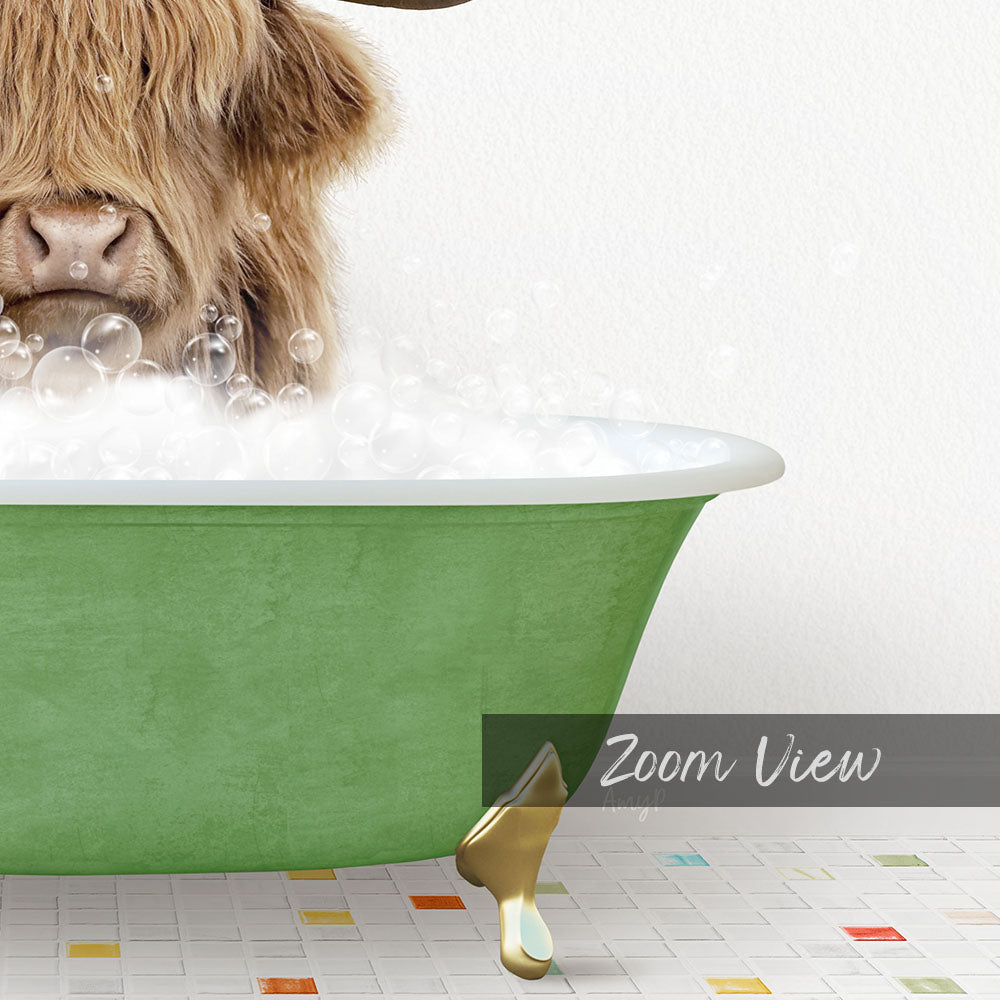 A close-up of a cow's head in a green bathtub filled with bubbles, with a text overlay that reads "Zoom View".