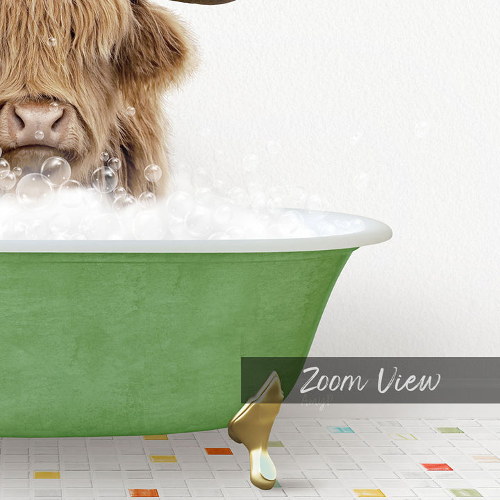 A close-up of a cow's head in a green bathtub filled with bubbles, with a text overlay that reads "Zoom View".