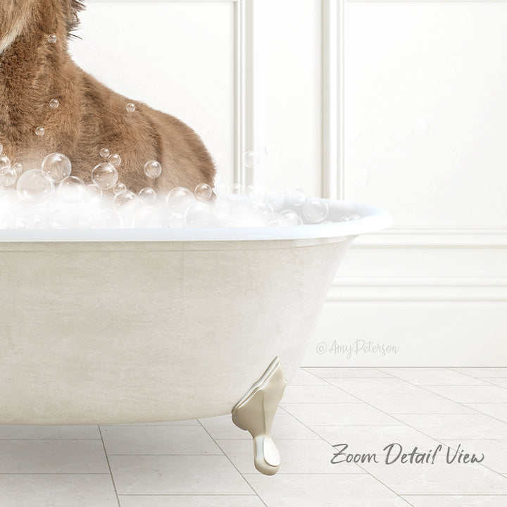 A dog is sitting in a bathtub filled with bubbles, enjoying a relaxing bath.