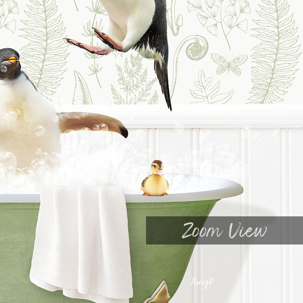A baby duck sitting in a bathtub filled with bubbles, surrounded by a penguin and a butterfly, with a "Zoom View" label below the image.