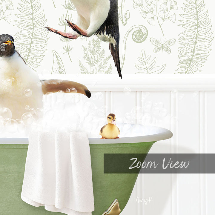A baby duck sitting in a bathtub filled with bubbles, surrounded by a penguin and a butterfly, with a "Zoom View" label below the image.