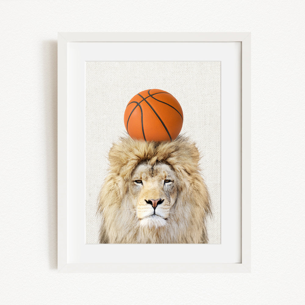 A framed image of a lion with a basketball on its head.